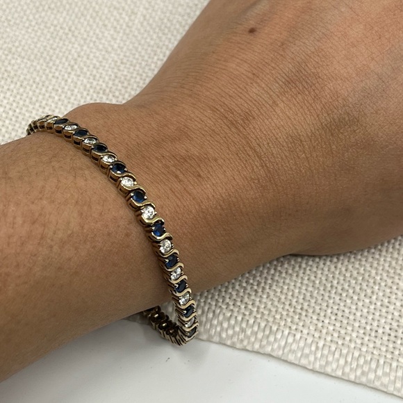Vintage Estate Gold Over Sterling Silver Tennis Bracelet Sapphire Clear CZ 7.25" - Picture 11 of 16